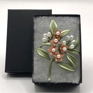 Lily Blossom and  Pearl Brooch - Green and Orange Enameled Metal